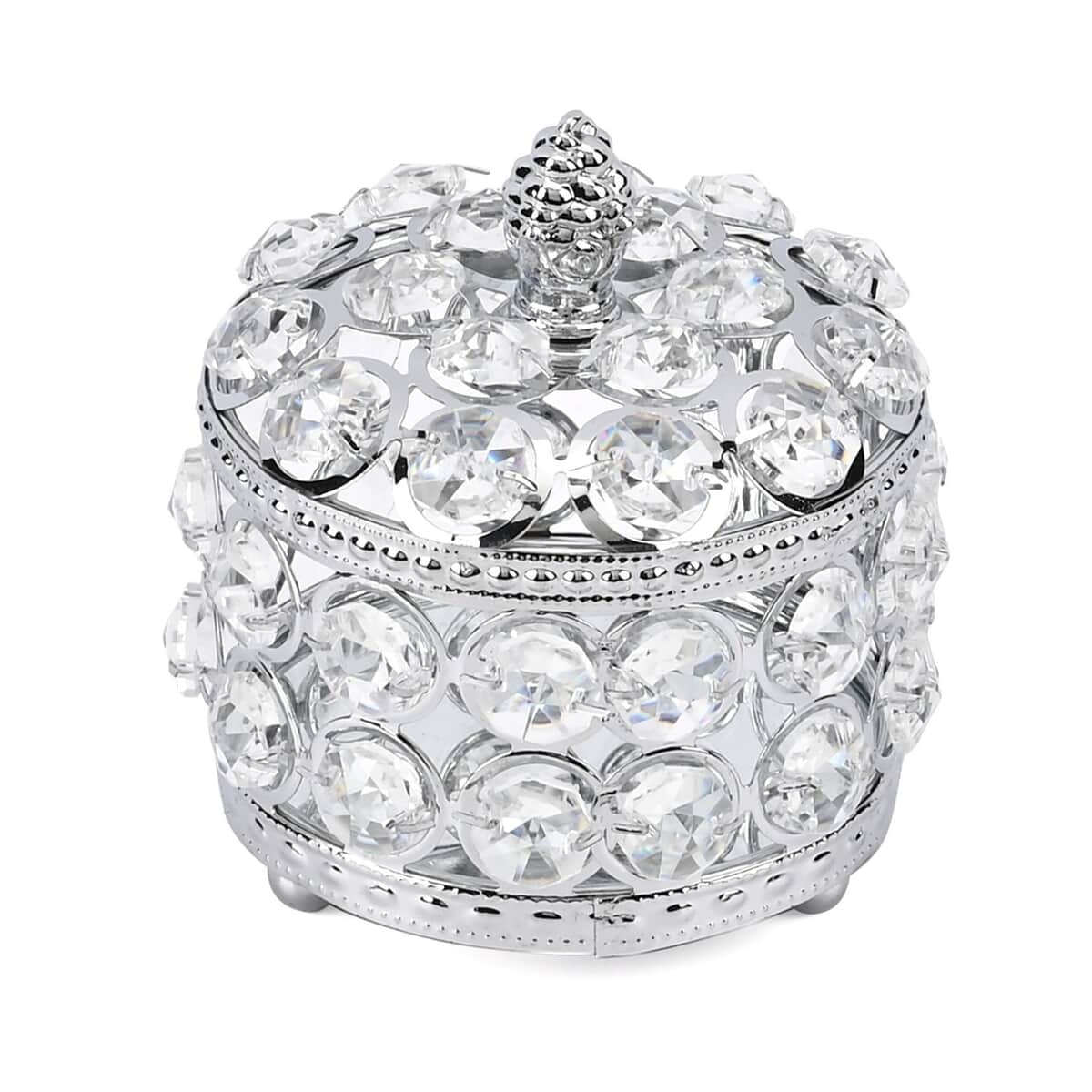 Silver Color Round Design Crystal Jewelry Box (3.9"x3.9"x3.5") image number 2