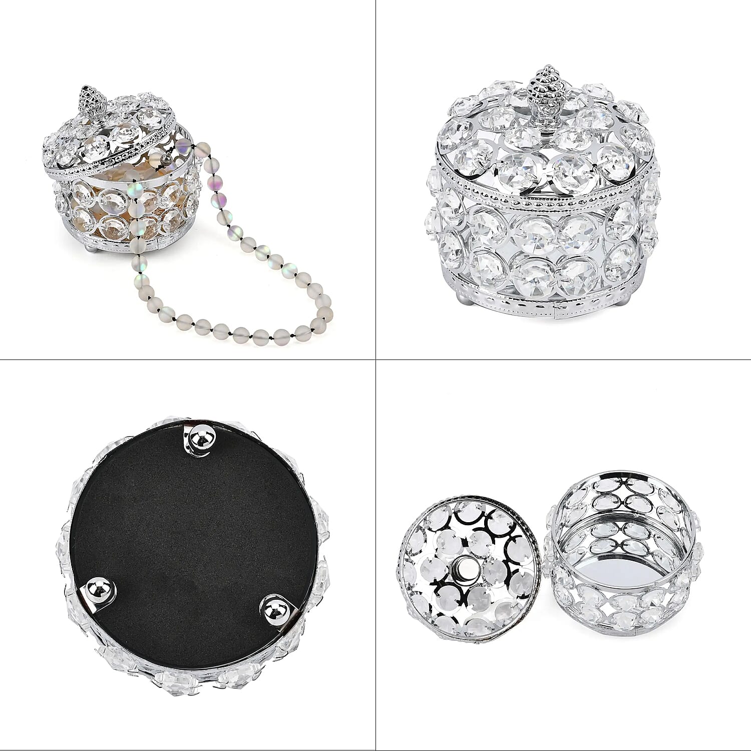 Silver Color Round Design Crystal Jewelry BoxCrystal Jewelry Box, Trinket Organizer Treasure Box For Rings Earrings Necklace, Jewelry Storage Box (3.9x3.9x3.5)