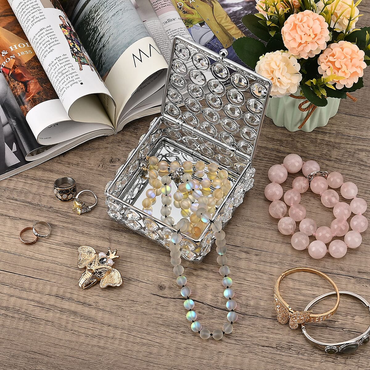 Silver Color Square Design Crystal Jewelry Box, Trinket Organizer Treasure Box For Rings Earrings Necklace, Jewelry Storage Box (4.3x4.3x2.8) image number 1