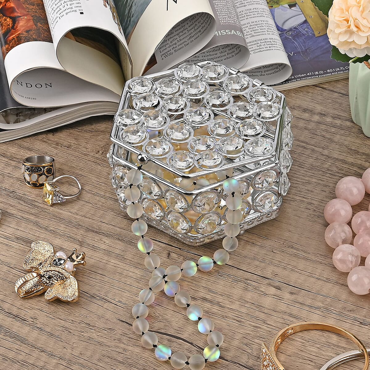 Silver Color Hexagon Design Crystal Jewelry BoxCrystal Jewelry Box, Trinket Organizer Treasure Box For Rings Earrings Necklace, Jewelry Storage Box (4.7x4.7x2.8) image number 1