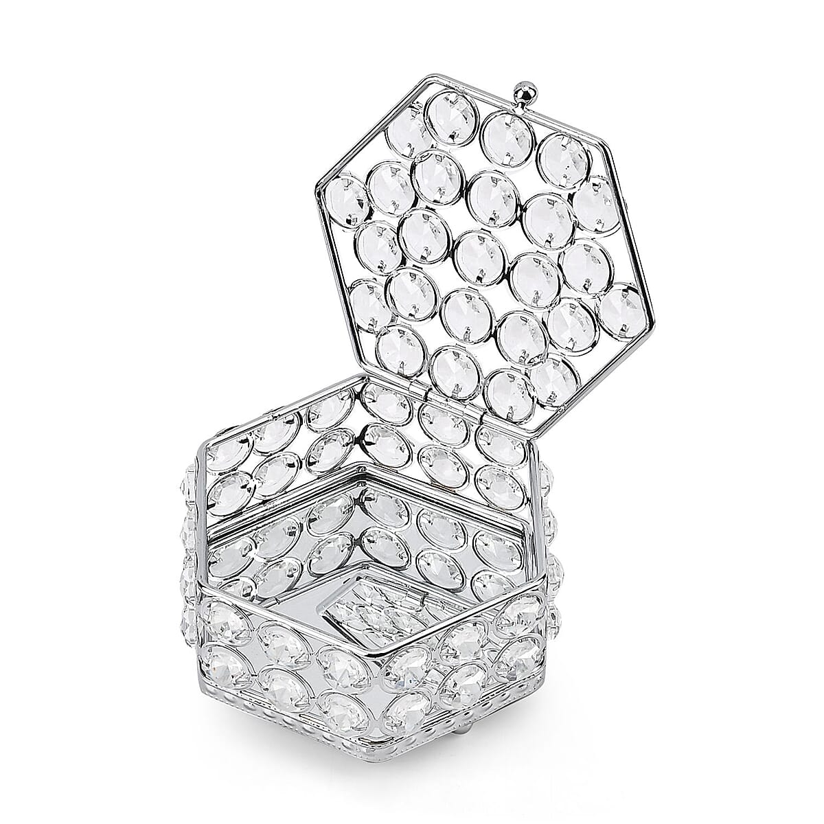Silver Color Hexagon Design Crystal Jewelry BoxCrystal Jewelry Box, Trinket Organizer Treasure Box For Rings Earrings Necklace, Jewelry Storage Box (4.7x4.7x2.8) image number 5