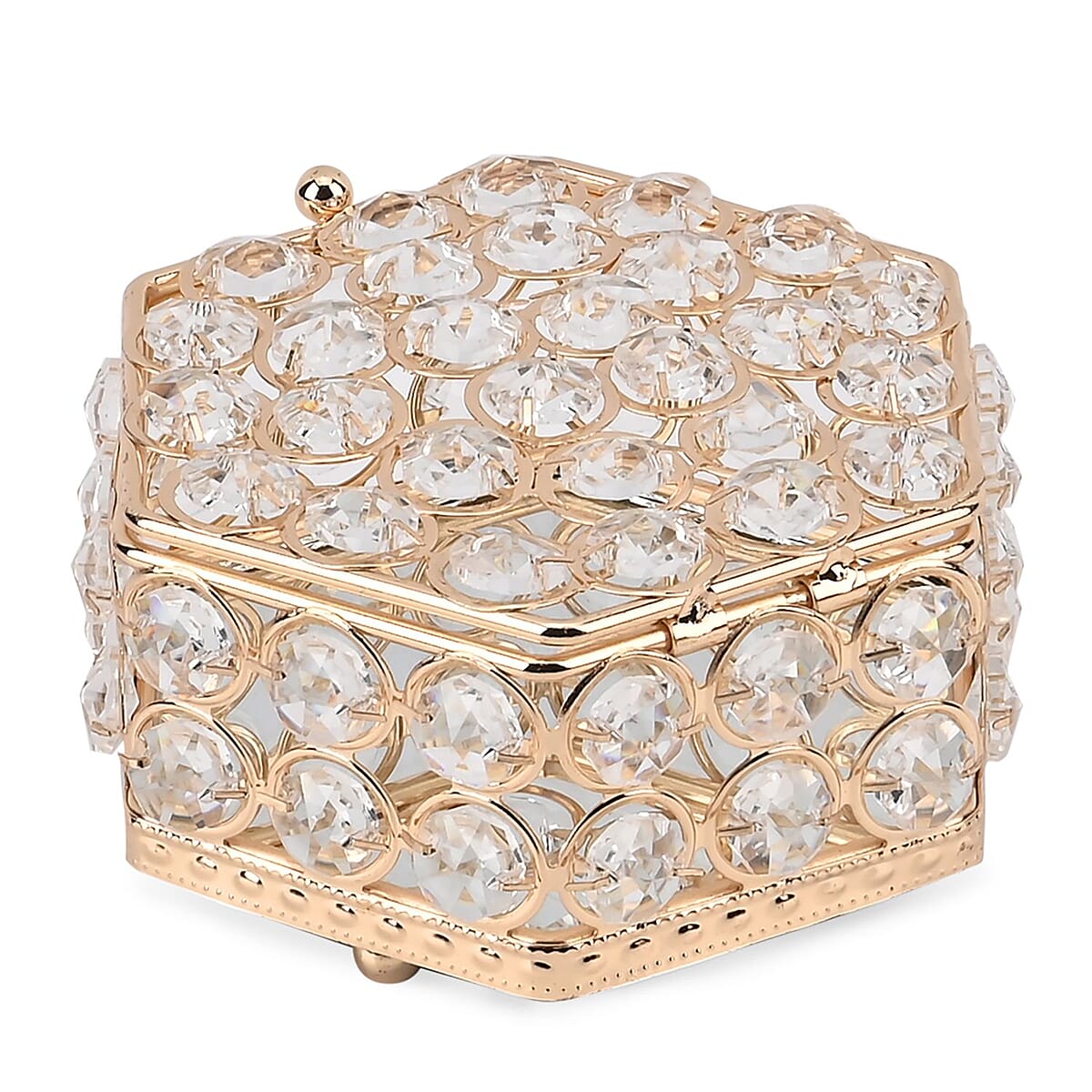 Golden Color Hexagon Design Crystal Jewelry Box, Trinket Organizer Treasure Box For Rings Earrings Necklace, Jewelry Storage Box (4.7x4.7x2.8) image number 3