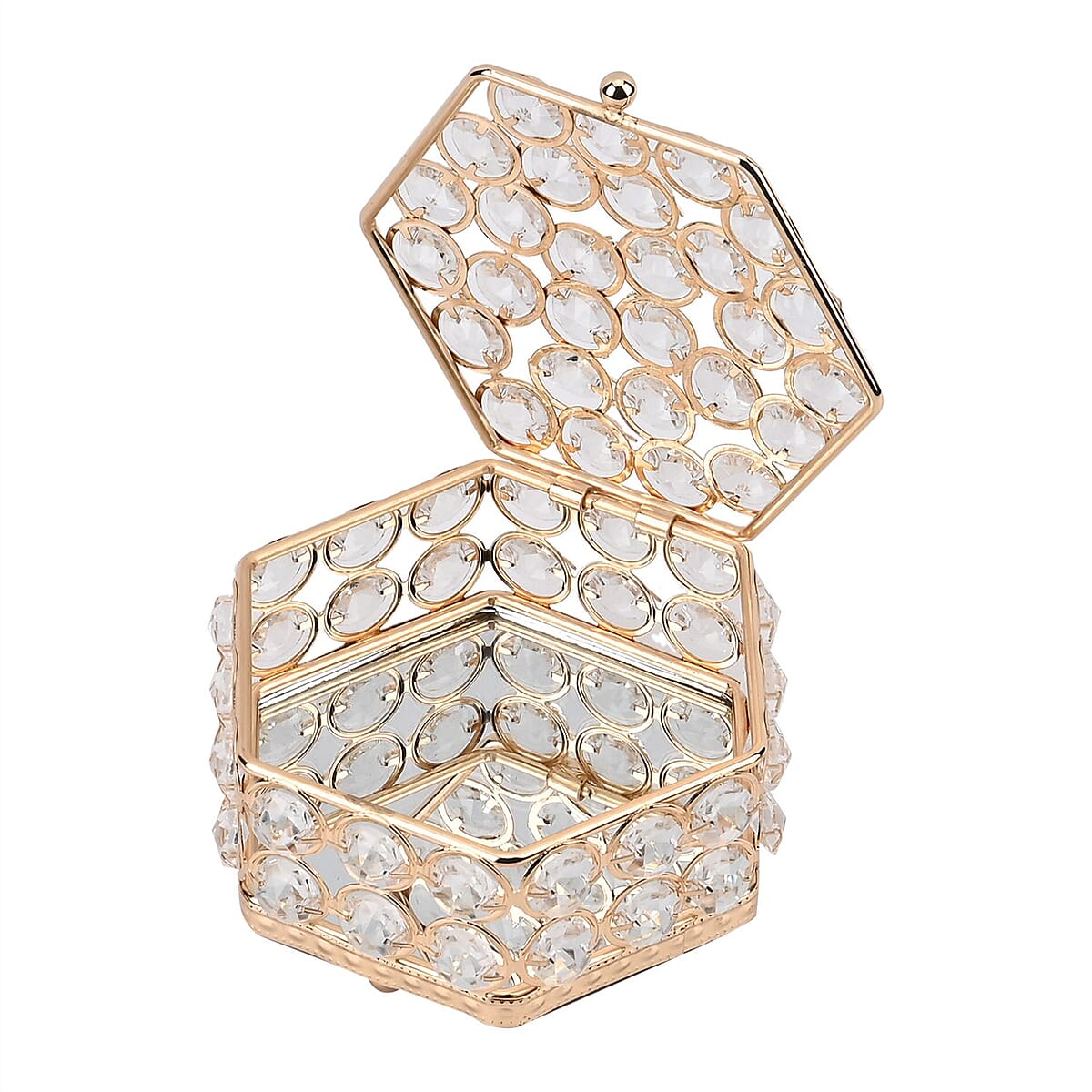 Golden Color Hexagon Design Crystal Jewelry Box, Trinket Organizer Treasure Box For Rings Earrings Necklace, Jewelry Storage Box (4.7x4.7x2.8) image number 5