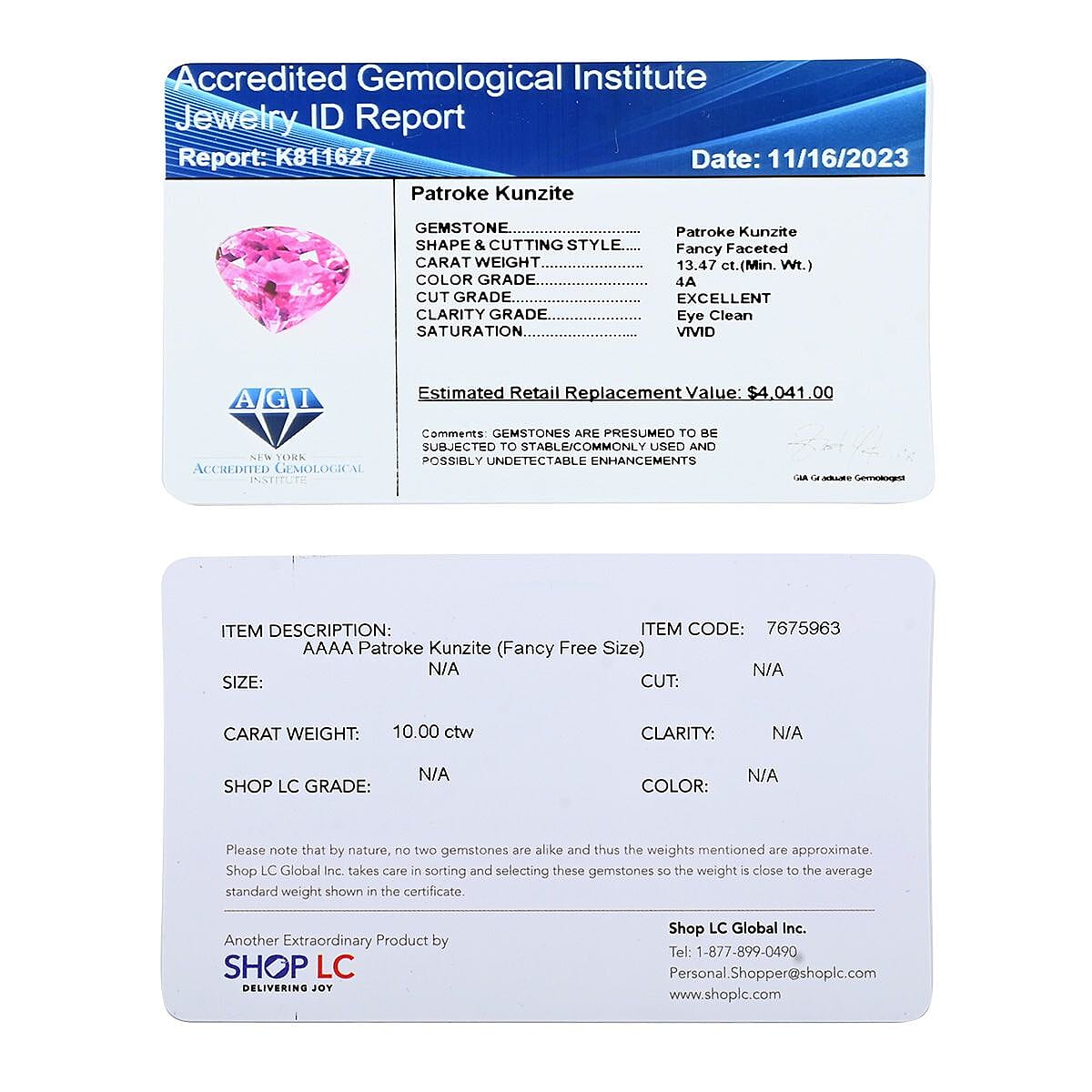 Certified & Appraised AAAA Patroke Kunzite (Fancy Free Size) 10.00 ctw image number 3