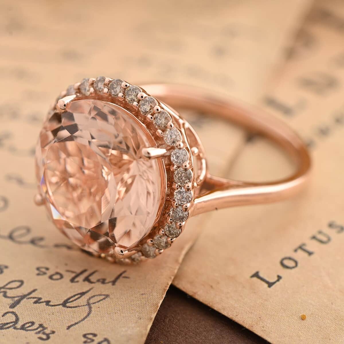Certified & Appraised Luxoro 14K Rose Gold AAA Marropino Morganite and G-H I2 Diamond Ring 7.50 ctw image number 1