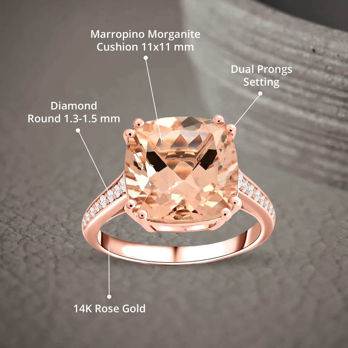 Certified & Appraised Luxoro AAA Marropino Morganite and G-H I2 Diamond 5.10 ctw Ring in 14K Rose Gold (Size 6.0) image number 4