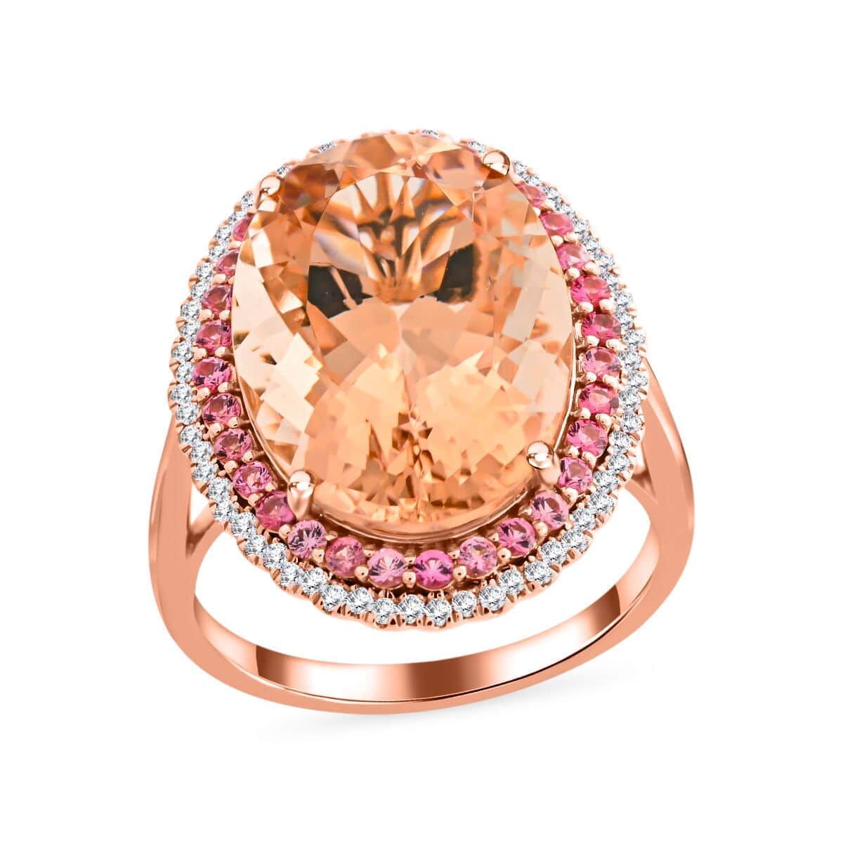 Certified & Appraised Iliana 18K Rose Gold AAA Marropino Morganite and G-H SI Diamond Double Halo Ring (Size 10.0) 5.90 Grams 13.35 ctw image number 0