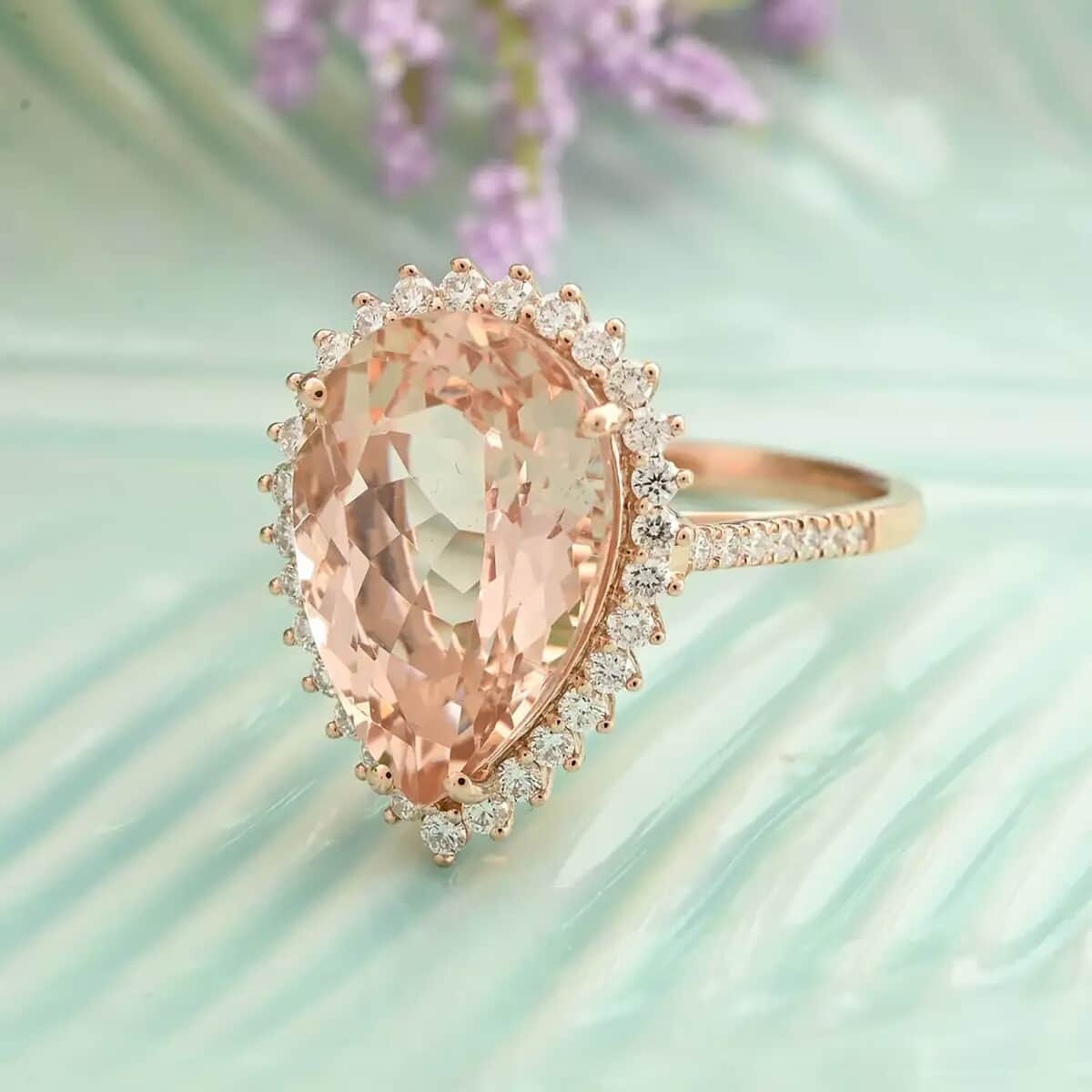 Doorbuster Certified & Appraised Iliana 18K Rose Gold AAA Marropino Morganite and SI Diamond Halo Ring 6.15 ctw image number 1