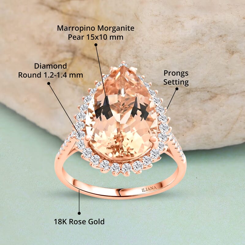 Certified & Appraised Iliana AAA Marropino Morganite and G-H SI Diamond 6.15 ctw Halo Ring in 18K Rose Gold (Size 10.0)