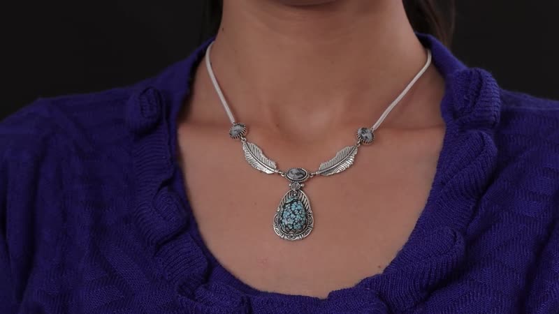Artisan Crafted Blue Moon Turquoise and White Buffalo Feather Necklace 18 Inches in Sterling Silver 18.65 ctw