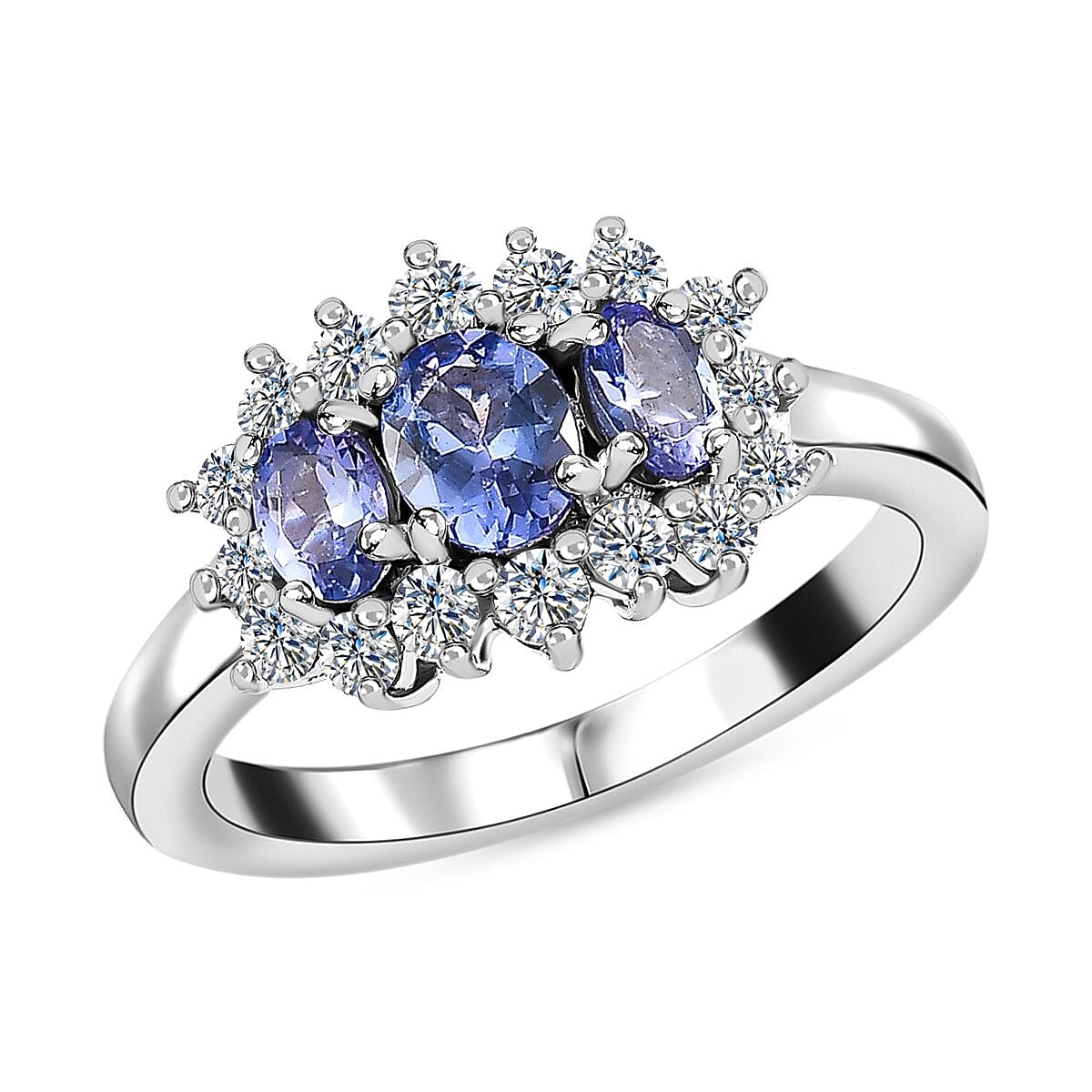 Tanzanite and White Zircon 1.71 ctw Ring in Platinum Over Sterling Silver (Size 11.5)