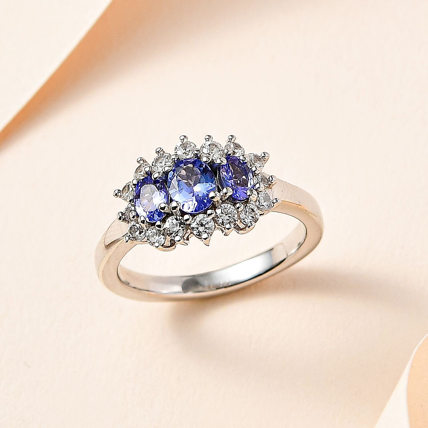 Tanzanite and White Zircon 1.71 ctw Ring in Platinum Over Sterling Silver (Size 11.5)