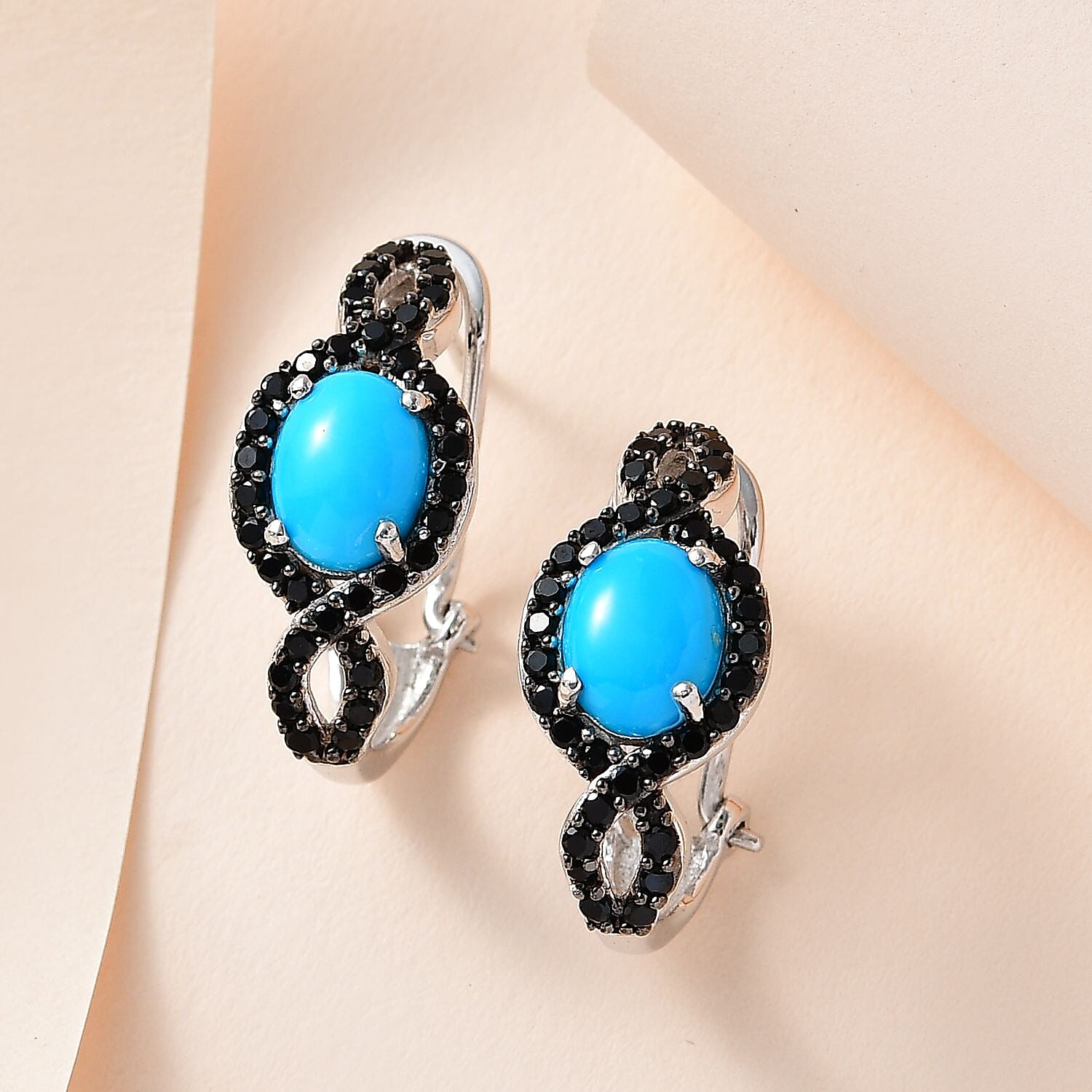 Sleeping Beauty Turquoise and Thai Black Spinel Omega Clip Earrings in Platinum Over Sterling Silver 4.70 ctw