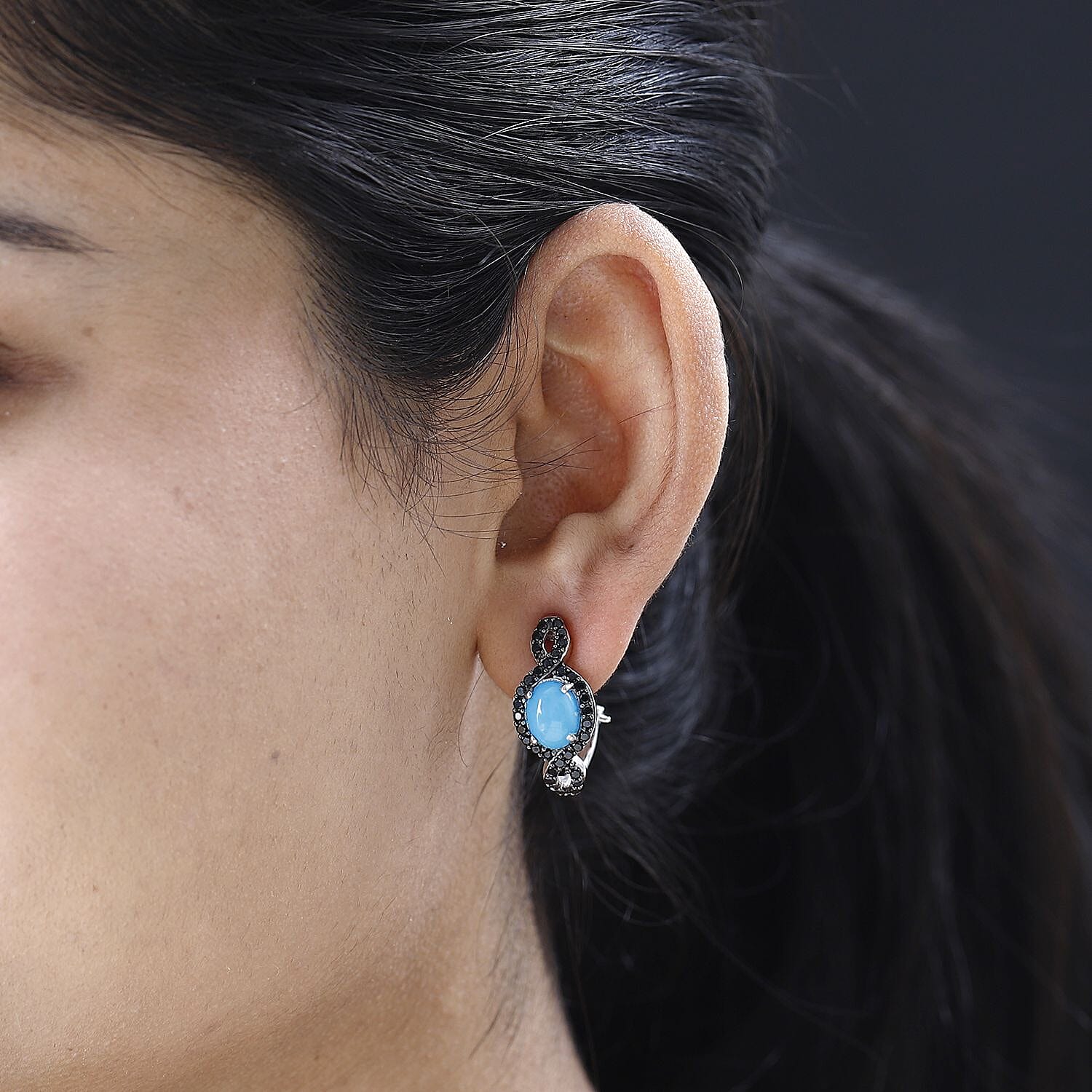 Sleeping Beauty Turquoise and Thai Black Spinel Omega Clip Earrings in Platinum Over Sterling Silver 4.70 ctw