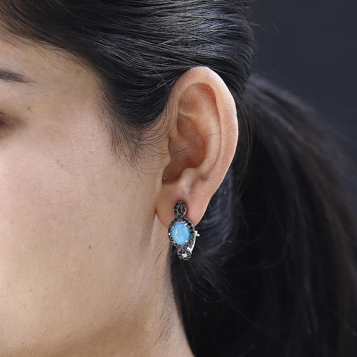 Sleeping Beauty Turquoise and Thai Black Spinel Omega Clip Earrings in Platinum Over Sterling Silver 4.70 ctw image number 2