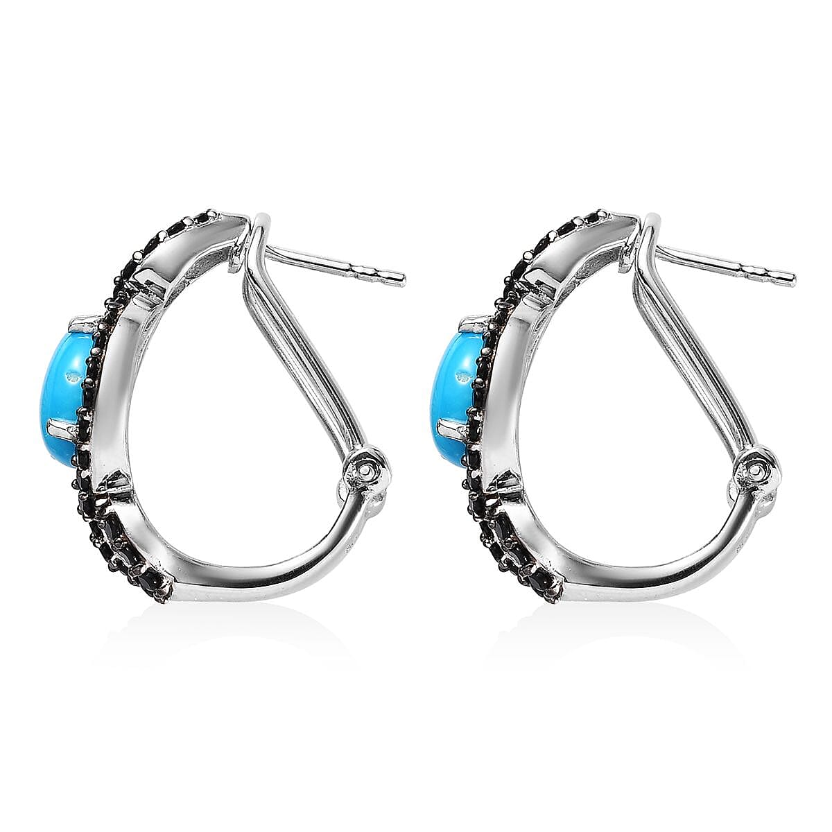 Sleeping Beauty Turquoise and Thai Black Spinel Omega Clip Earrings in Platinum Over Sterling Silver 4.70 ctw