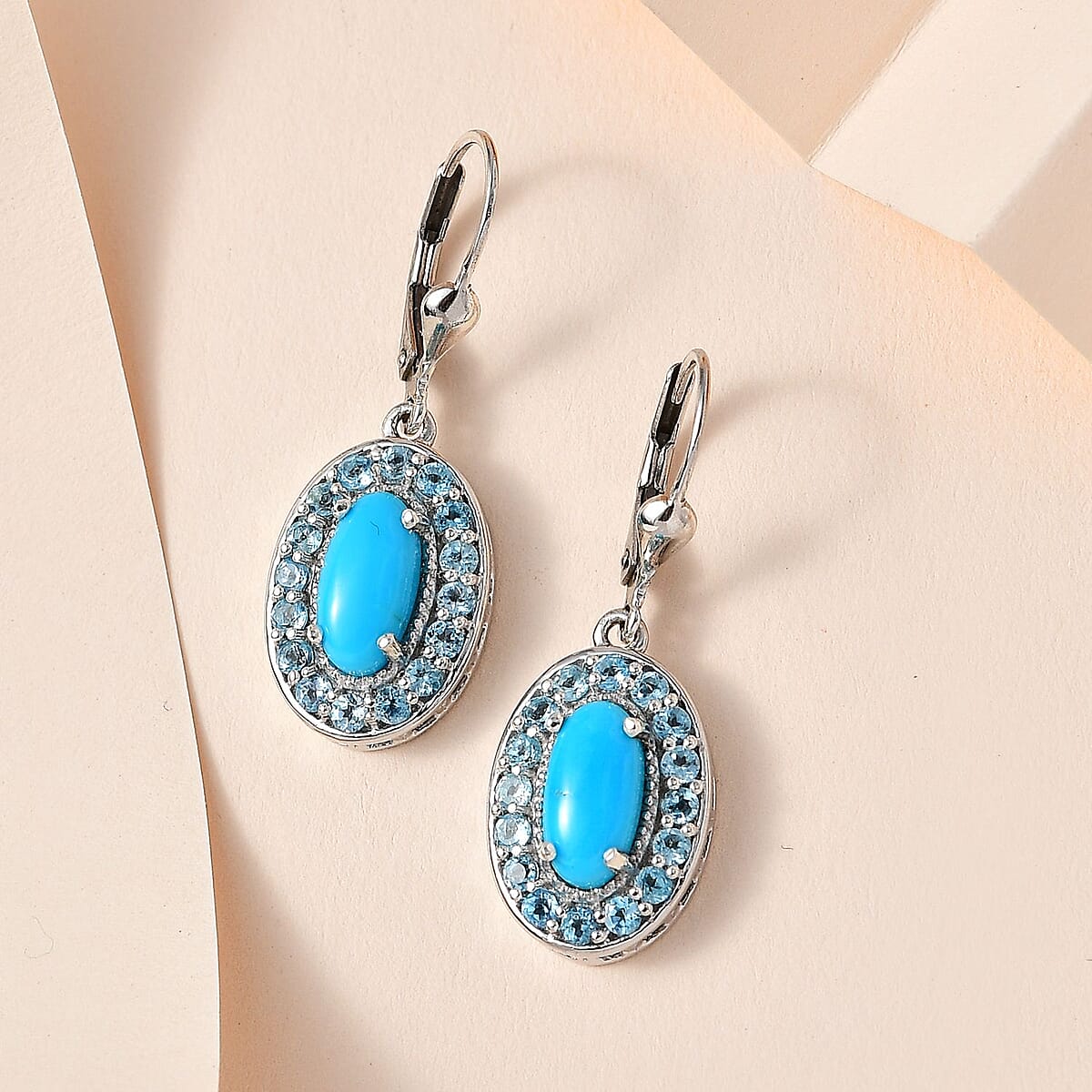 Sleeping Beauty Turquoise and Electric Blue Topaz Lever Back Earrings in Platinum Over Sterling Silver 3.80 ctw image number 1