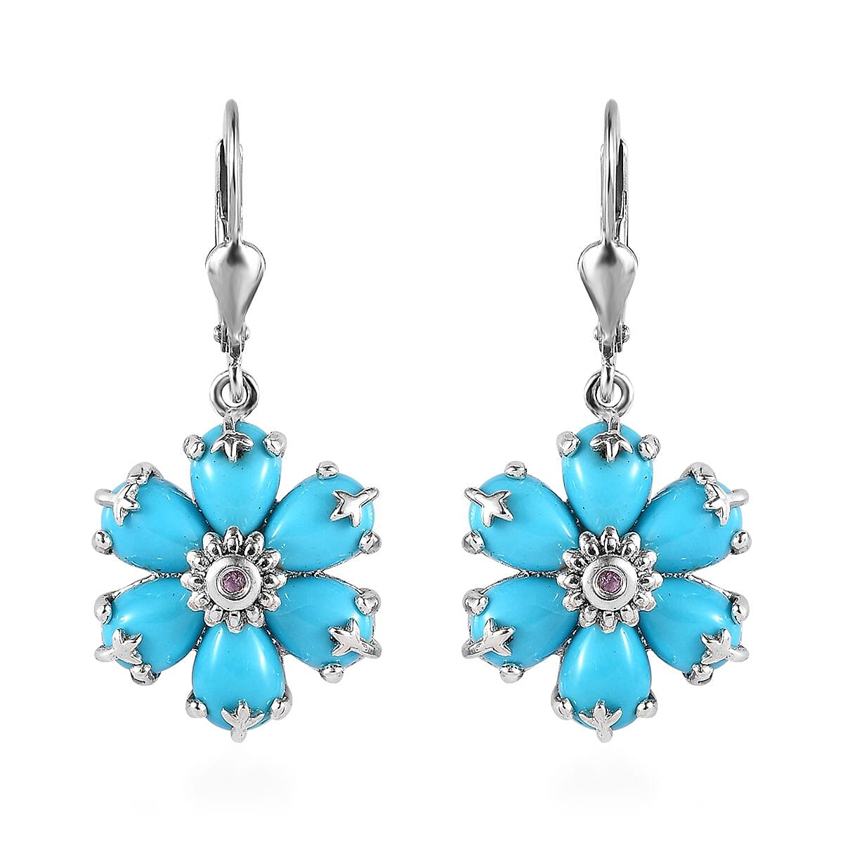 Sleeping Beauty Turquoise and Madagascar Pink Sapphire Floral Earrings in Platinum Over Sterling Silver 7.40 ctw image number 0