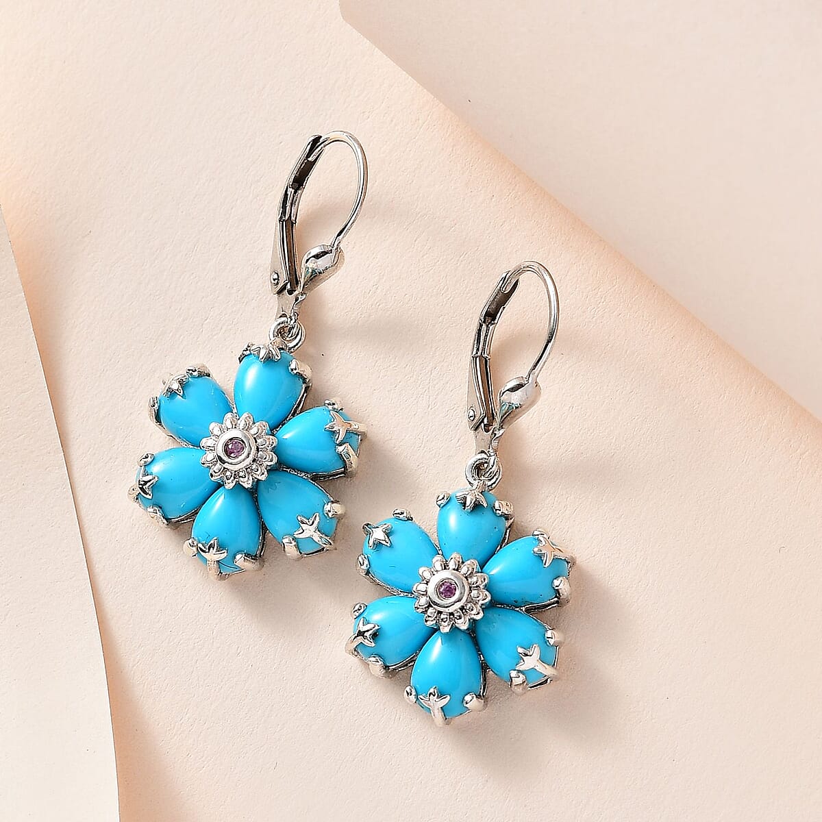 Sleeping Beauty Turquoise and Madagascar Pink Sapphire Floral Earrings in Platinum Over Sterling Silver 7.40 ctw image number 1