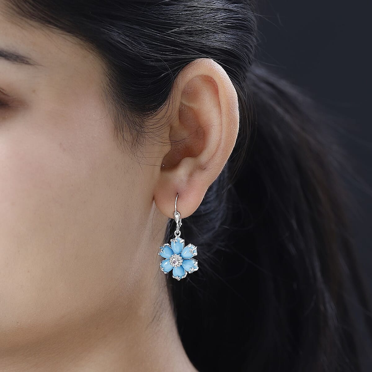 Sleeping Beauty Turquoise and Madagascar Pink Sapphire Floral Earrings in Platinum Over Sterling Silver 7.40 ctw image number 2