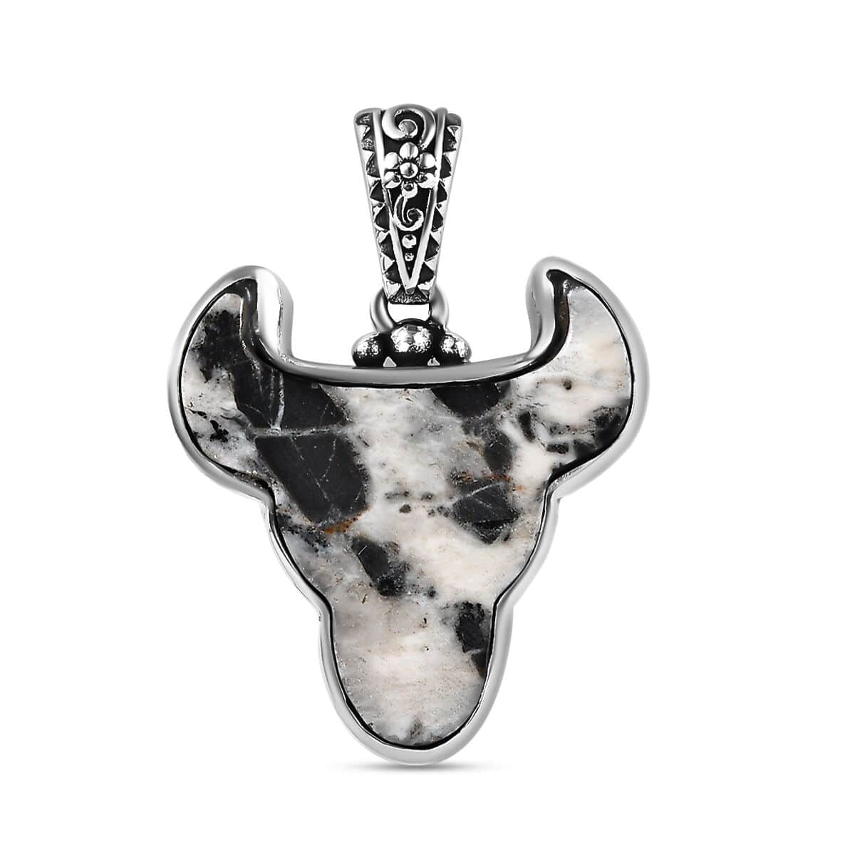 Artisan Crafted White Buffalo Bull Head Pendant in Sterling Silver 16.10 ctw image number 0