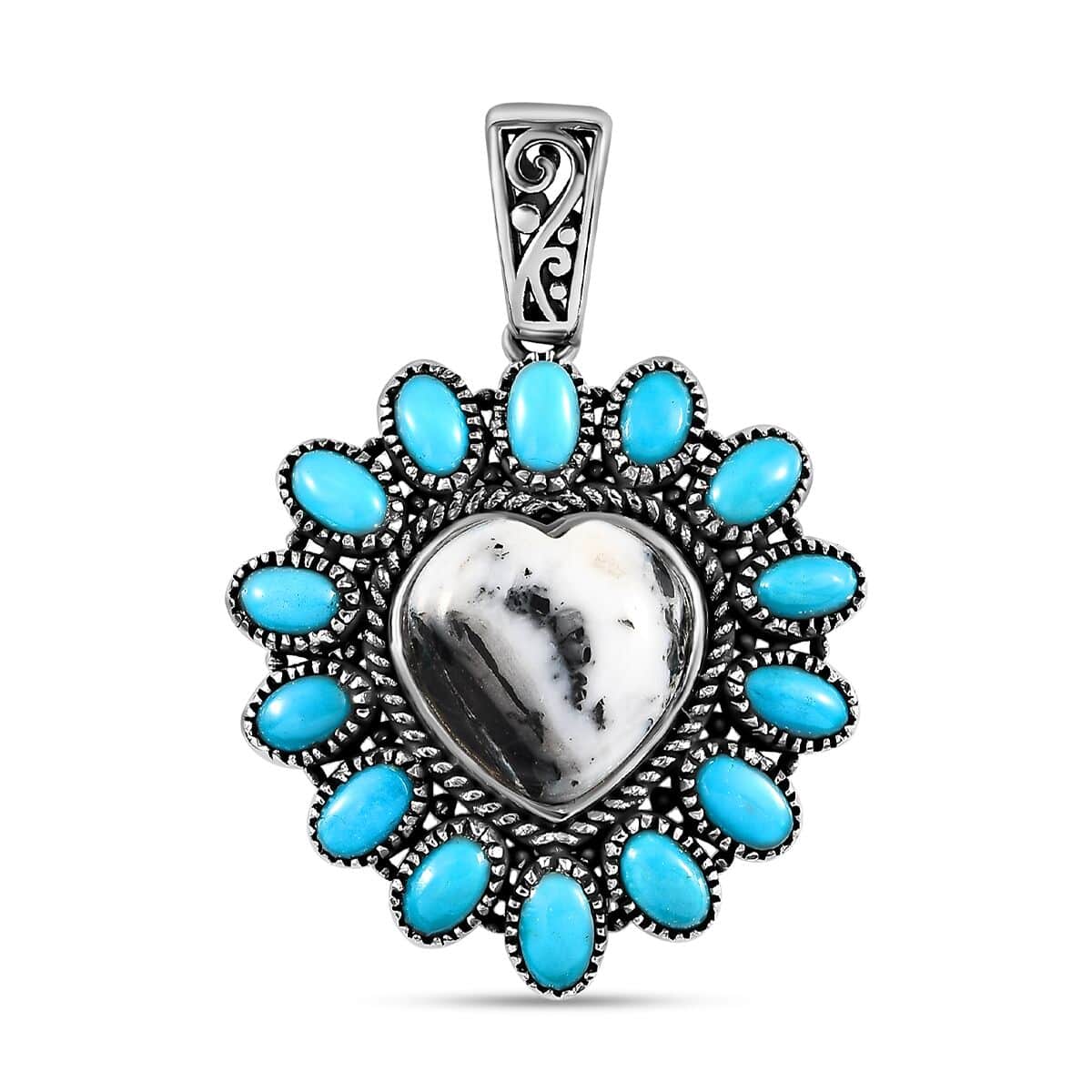 Artisan Crafted White Buffalo and Sleeping Beauty Turquoise Heart Pendant in Platinum Over Sterling Silver 10.35 ctw image number 0