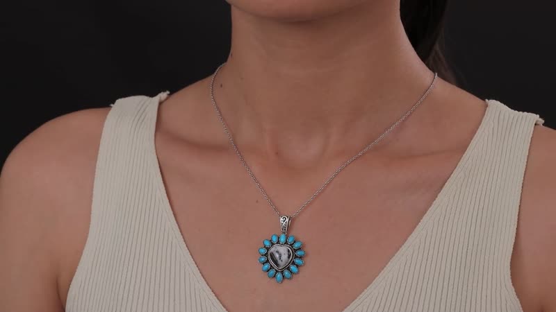 Artisan Crafted White Buffalo and Sleeping Beauty Turquoise Heart Pendant in Platinum Over Sterling Silver 10.35 ctw