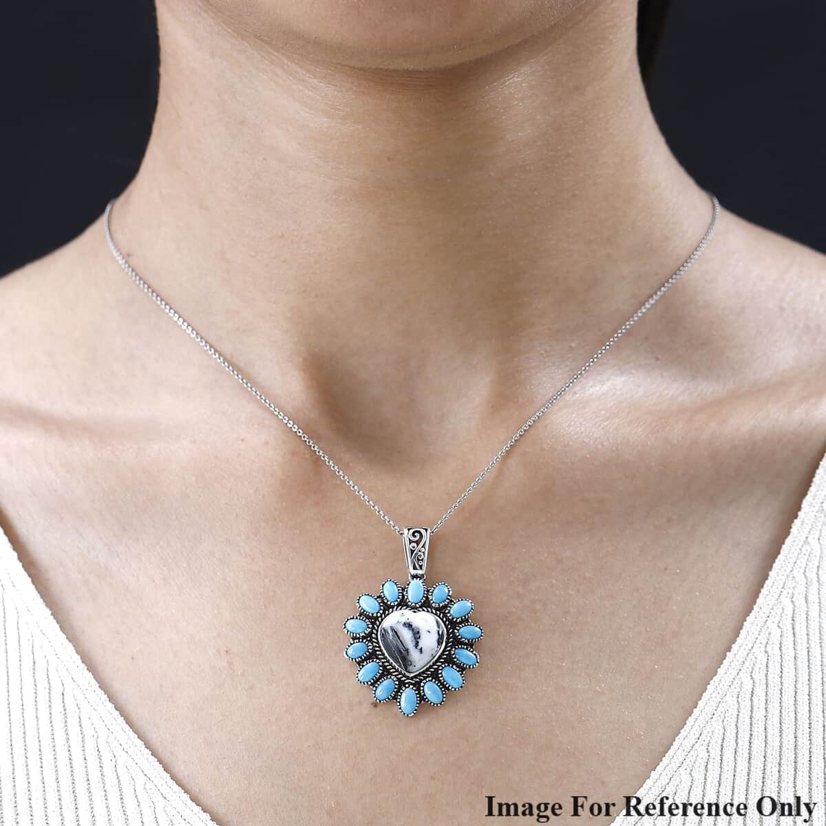 Artisan Crafted White Buffalo and Sleeping Beauty Turquoise Heart Pendant in Platinum Over Sterling Silver 10.35 ctw image number 1