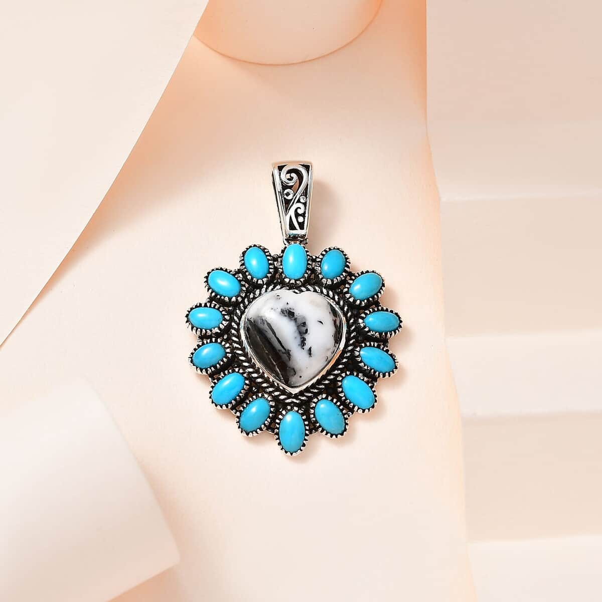 Artisan Crafted White Buffalo and Sleeping Beauty Turquoise Heart Pendant in Platinum Over Sterling Silver 10.35 ctw image number 2