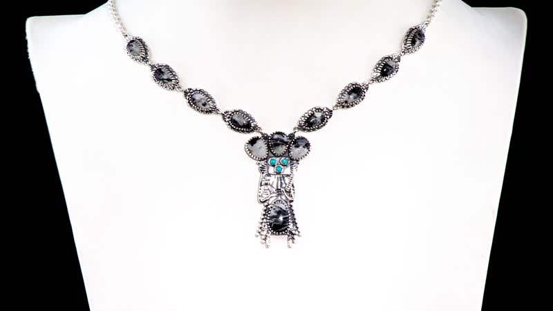 Artisan Crafted White Buffalo and Sleeping Beauty Turquoise Yei Kachina Necklace 18 Inches in Sterling Silver 17.65 ctw