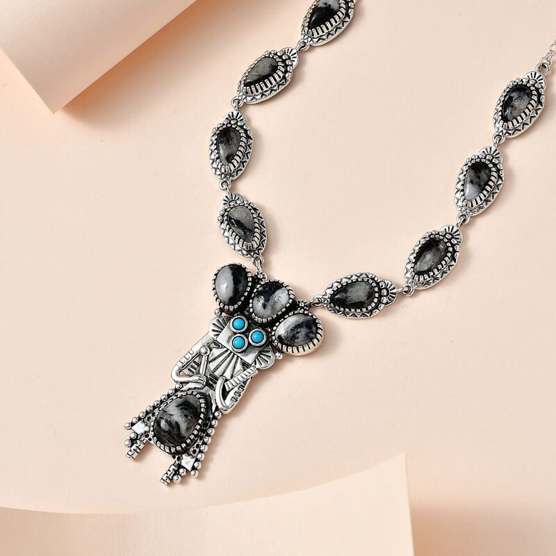 Artisan Crafted White Buffalo and Sleeping Beauty Turquoise Yei Kachina Necklace 18 Inches in Sterling Silver 17.65 ctw