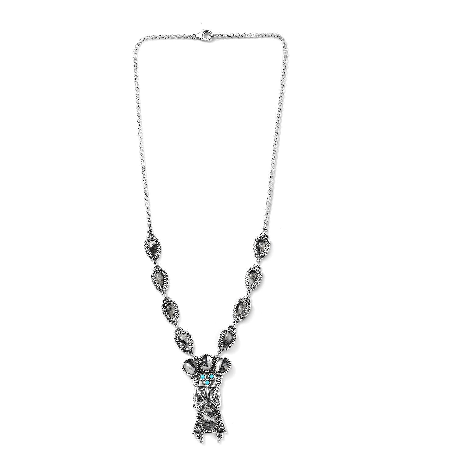 Artisan Crafted White Buffalo and Sleeping Beauty Turquoise Yei Kachina Necklace 18 Inches in Sterling Silver 17.65 ctw