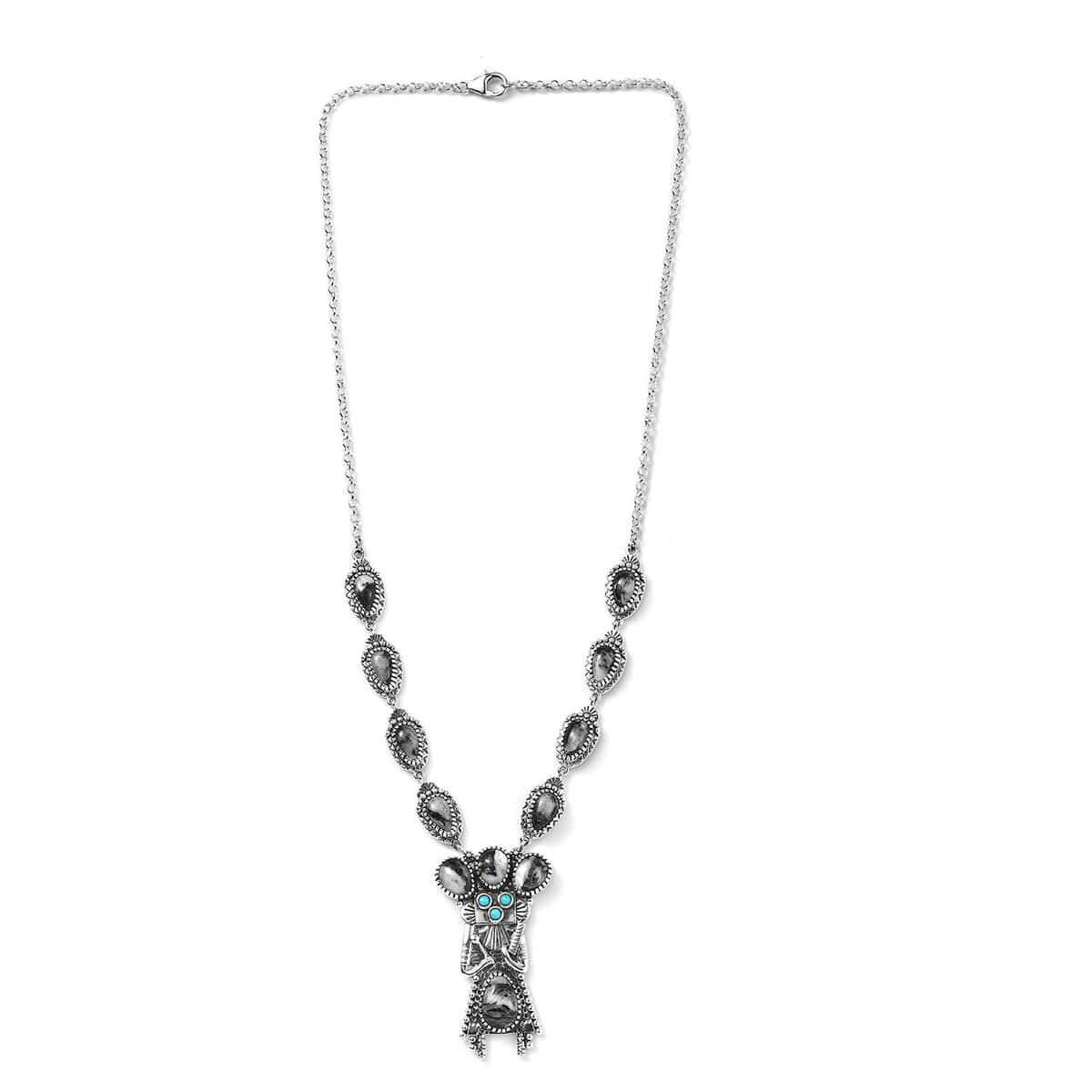 Artisan Crafted White Buffalo and Sleeping Beauty Turquoise Yei Kachina Necklace 18 Inches in Sterling Silver 17.65 ctw image number 3