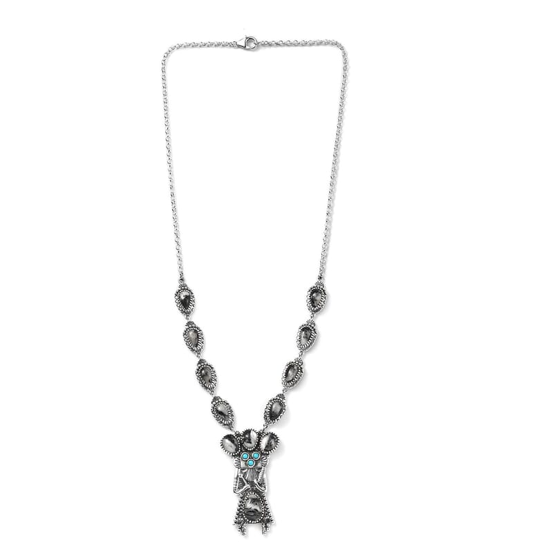 Artisan Crafted White Buffalo and Sleeping Beauty Turquoise Yei Kachina Necklace 18 Inches in Sterling Silver 17.65 ctw