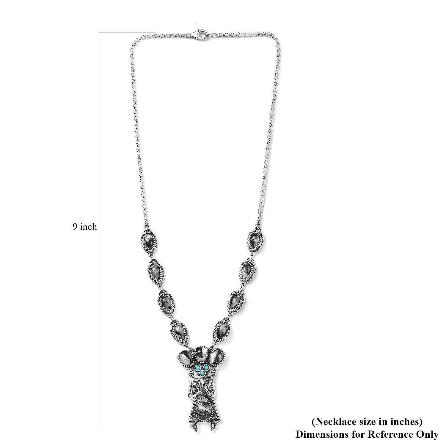 Artisan Crafted White Buffalo and Sleeping Beauty Turquoise Yei Kachina Necklace 18 Inches in Sterling Silver 17.65 ctw