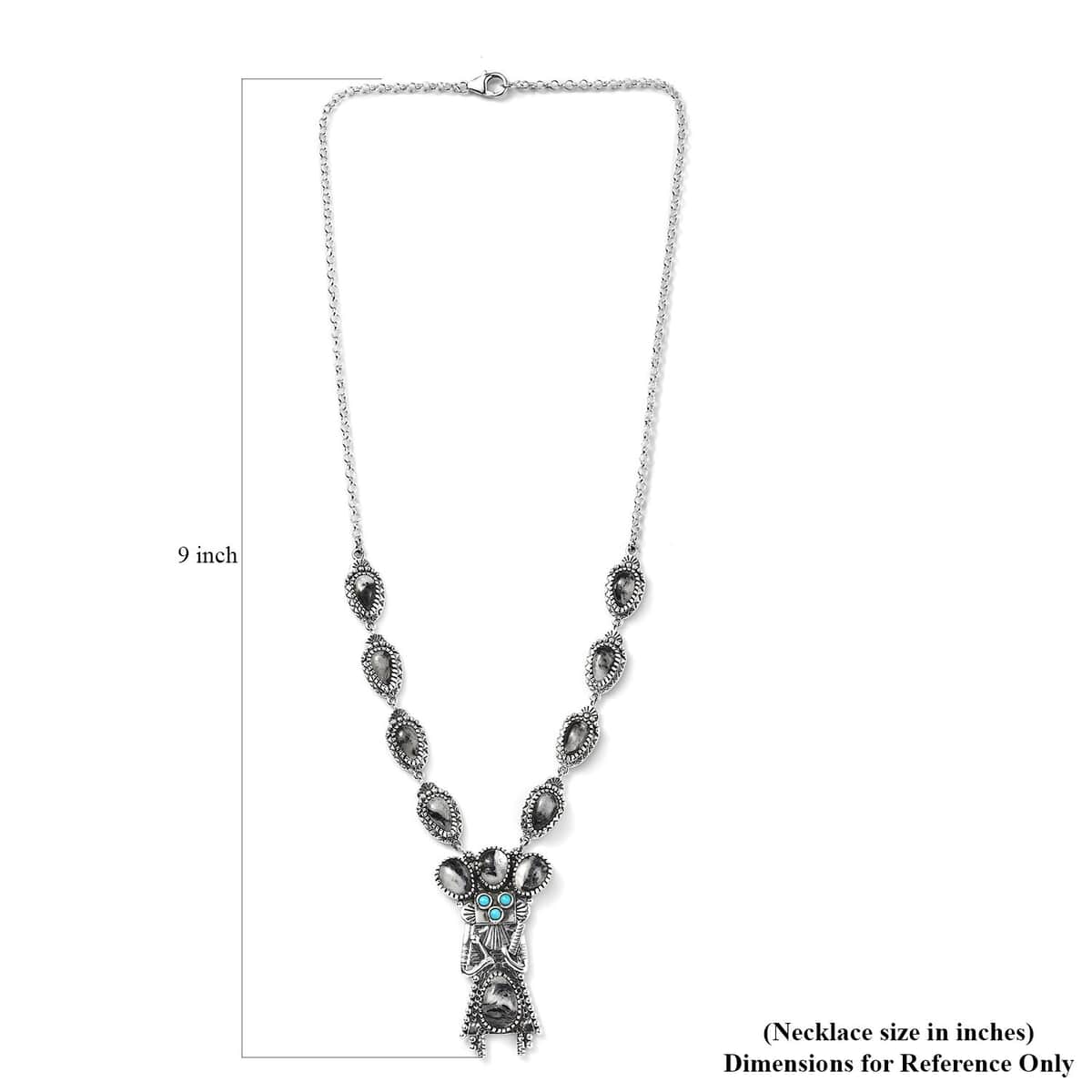 Artisan Crafted White Buffalo and Sleeping Beauty Turquoise Yei Kachina Necklace 18 Inches in Sterling Silver 17.65 ctw image number 5