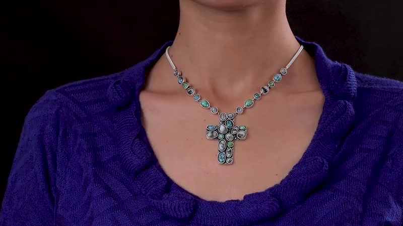 Artisan Crafted Blue Moon Turquoise and Royston Turquoise Cross Necklace 18-20 Inches in Sterling Silver 26.90 ctw