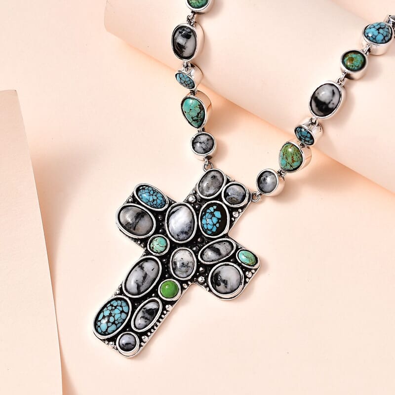 Artisan Crafted Blue Moon Turquoise and Royston Turquoise Cross Necklace 18-20 Inches in Sterling Silver 26.90 ctw