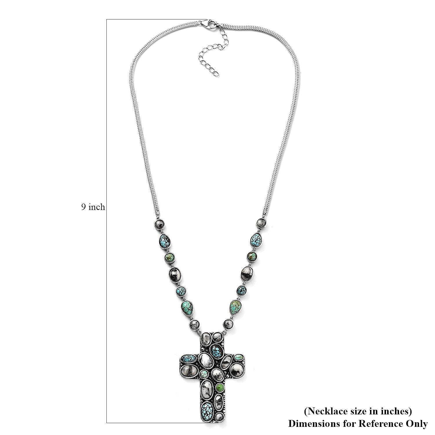 Artisan Crafted Blue Moon Turquoise and Royston Turquoise Cross Necklace 18-20 Inches in Sterling Silver 26.90 ctw