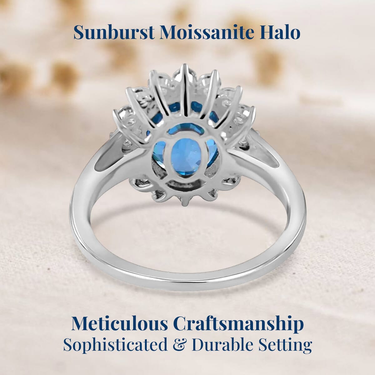 Luxoro AAA Ratanakiri Blue Zircon and Moissanite 6.30 ctw Sunburst Ring in 14K White Gold (Size 9.5) image number 2