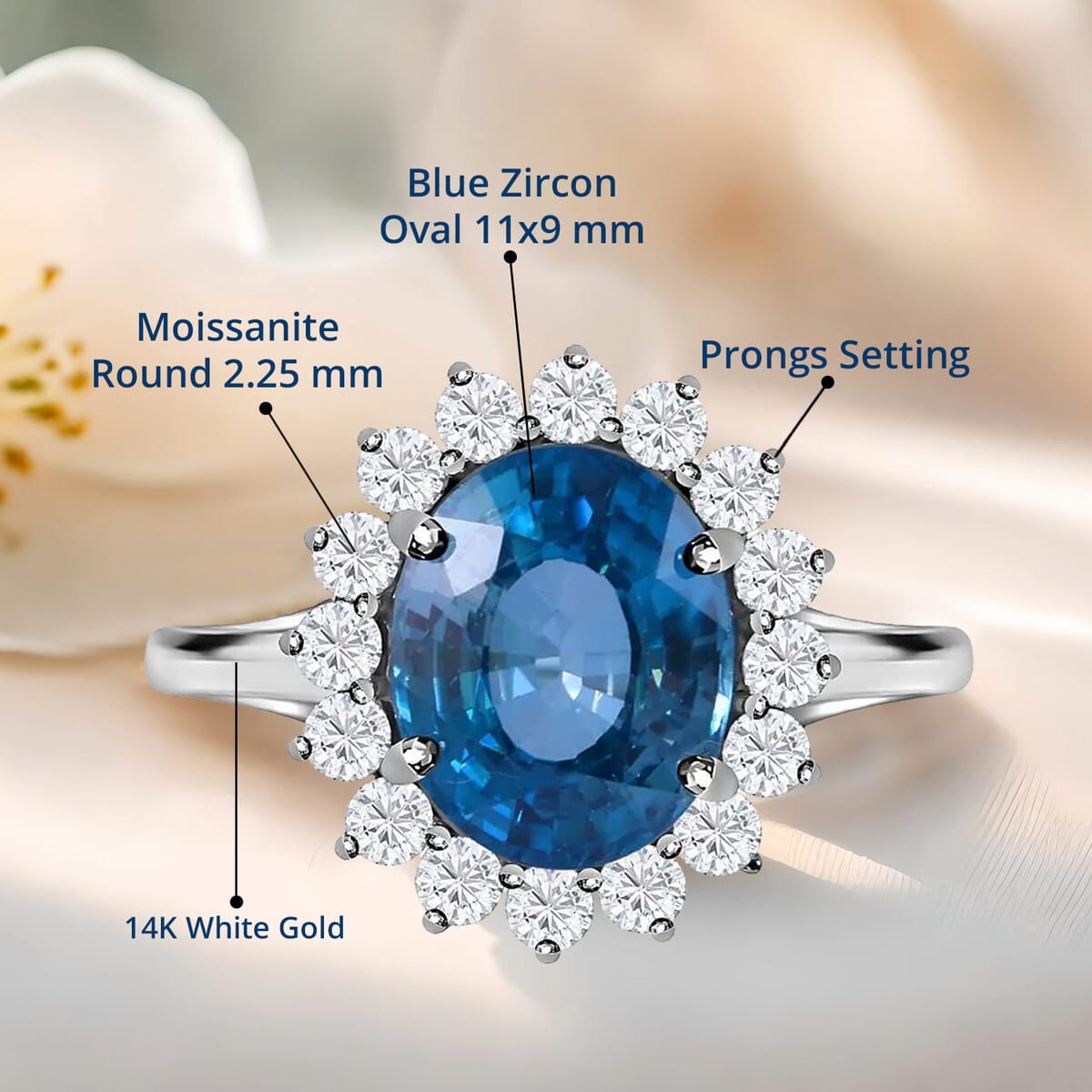 Luxoro AAA Ratanakiri Blue Zircon and Moissanite 6.30 ctw Sunburst Ring in 14K White Gold (Size 9.5) image number 3