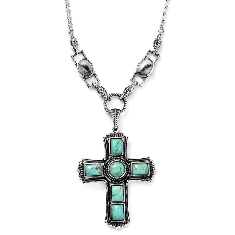 Artisan Crafted Blue Moon Turquoise and White Buffalo 9.20 ctw Cross Necklace in Sterling Silver 18 Inches