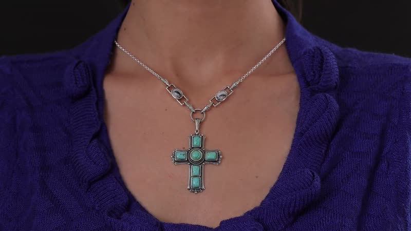 Artisan Crafted Blue Moon Turquoise and White Buffalo 9.20 ctw Cross Necklace in Sterling Silver 18 Inches