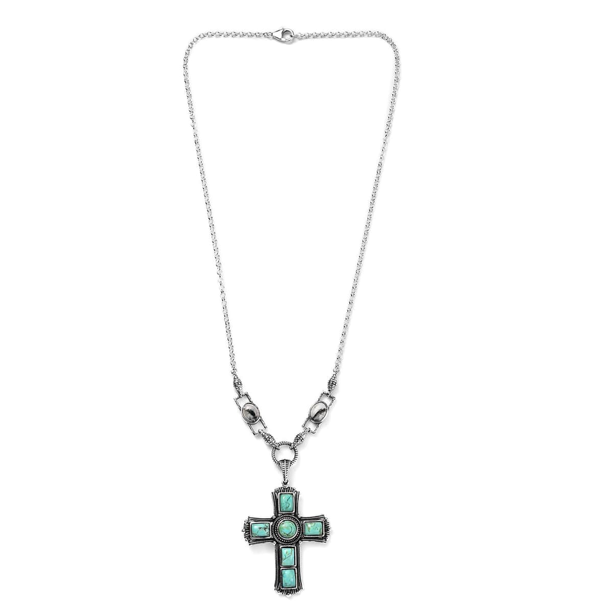 Artisan Crafted Blue Moon Turquoise and White Buffalo Cross Necklace 18 Inches in Sterling Silver 9.20 ctw image number 3