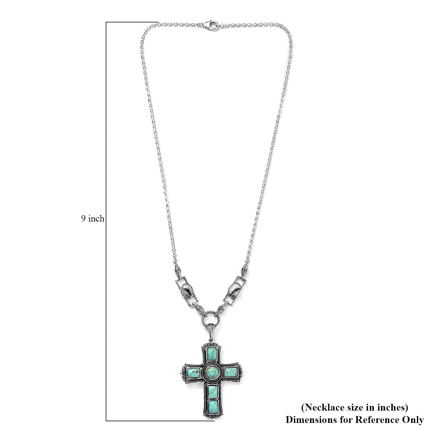 Artisan Crafted Blue Moon Turquoise and White Buffalo 9.20 ctw Cross Necklace in Sterling Silver 18 Inches