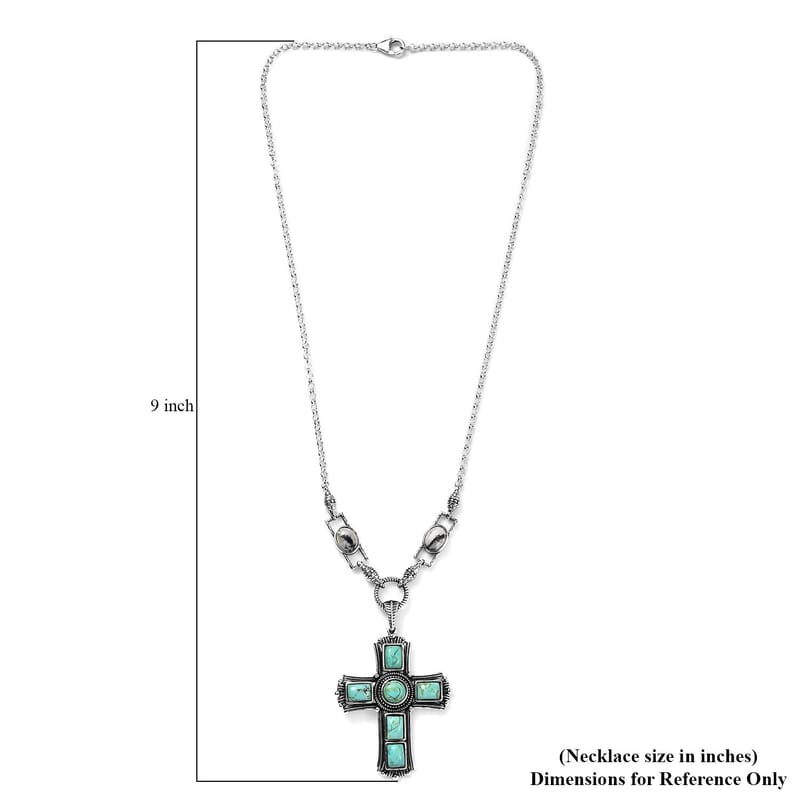 Artisan Crafted Blue Moon Turquoise and White Buffalo 9.20 ctw Cross Necklace in Sterling Silver 18 Inches