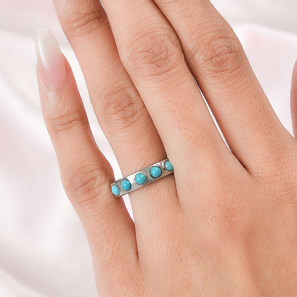 Sleeping Beauty Turquoise 7 Stone Ring in Stainless Steel (Size 8.0) 0.80 ctw image number 2