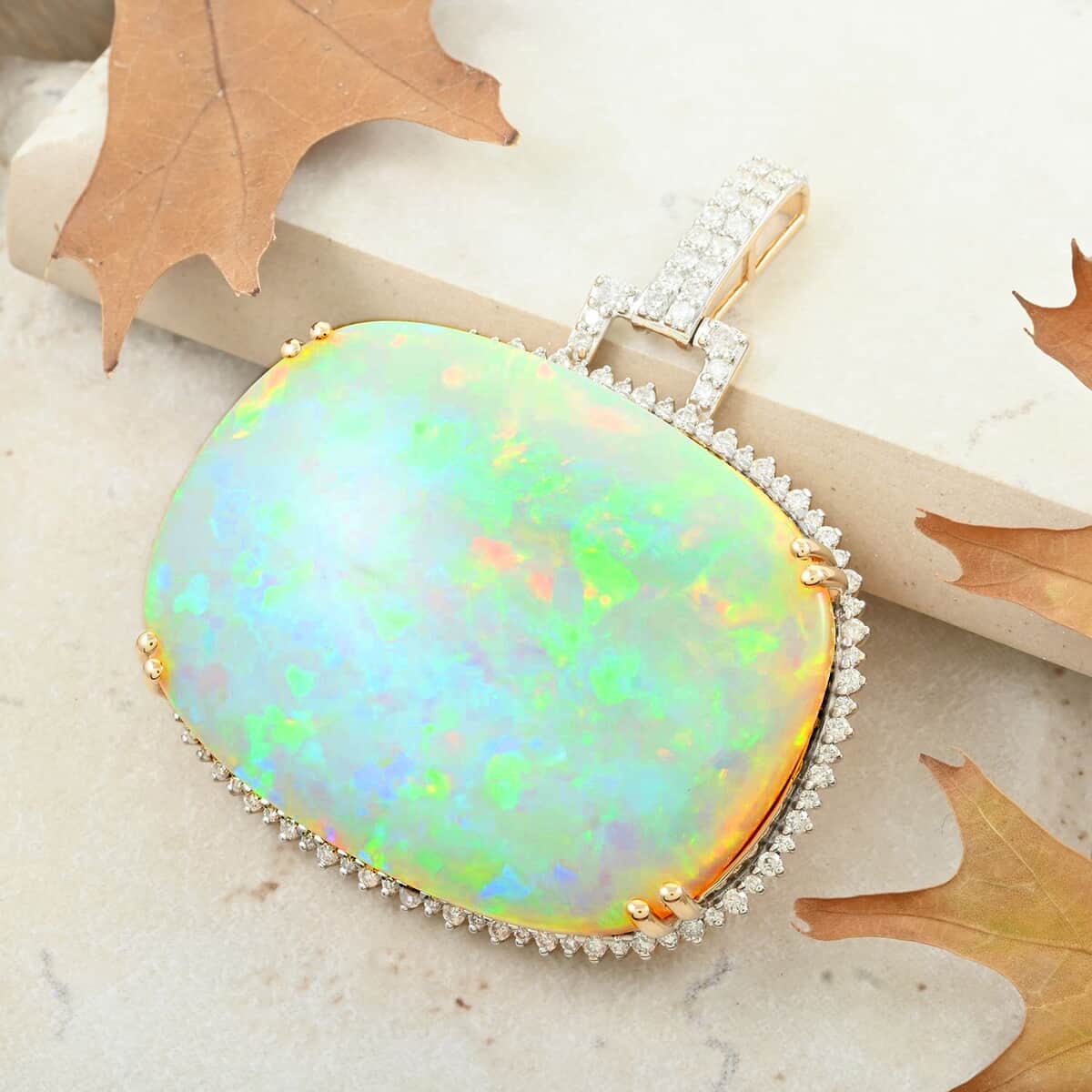 Luxoro 14K Yellow Gold AAAA Ethiopian Welo Opal and G-H I2 Diamond Pendant 13.80 Grams 75.35 ctw image number 1