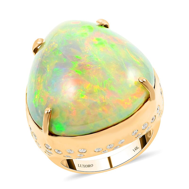 Luxoro 14K Yellow Gold AAAA Ethiopian Welo Opal and G-H I2 Diamond Ring (Size 7.0) 10.55 Grams 43.65 ctw