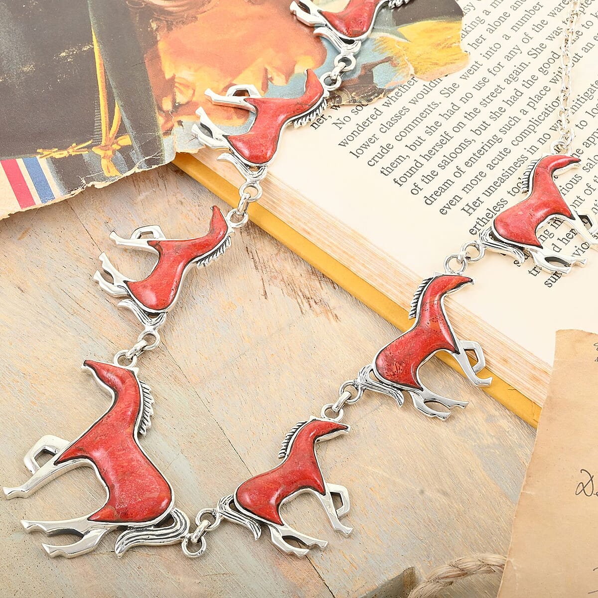 Santa Fe Style Red Coral Necklace 18 Inches in Sterling Silver 38.00 ctw image number 1